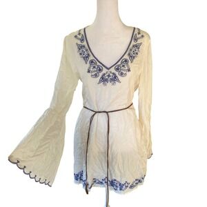 Embroidered Bell Sleeve White Mini Dress Boho Festival Cowgirl Peasant Summer